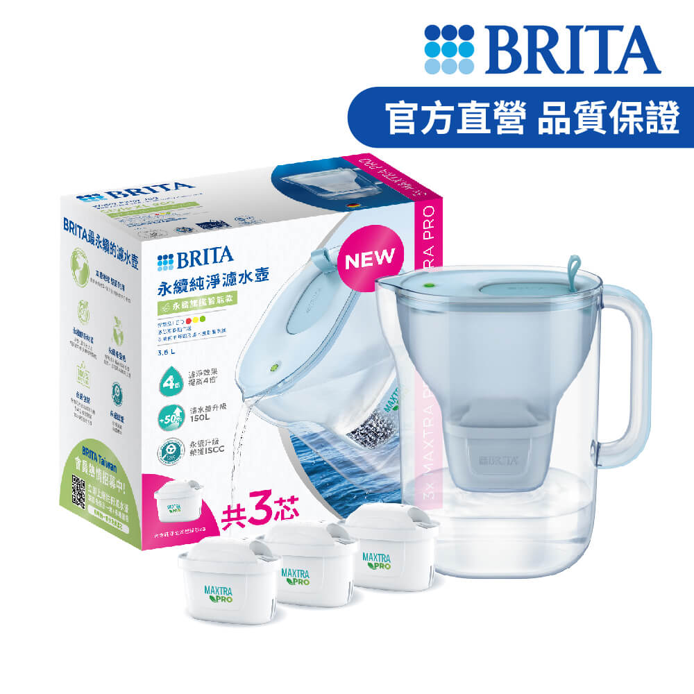 BRITA官方直營 永續版 Style MXPRO 3.6L 純淨濾水壺+2入純淨全效型濾芯_冰川藍 (共3芯)